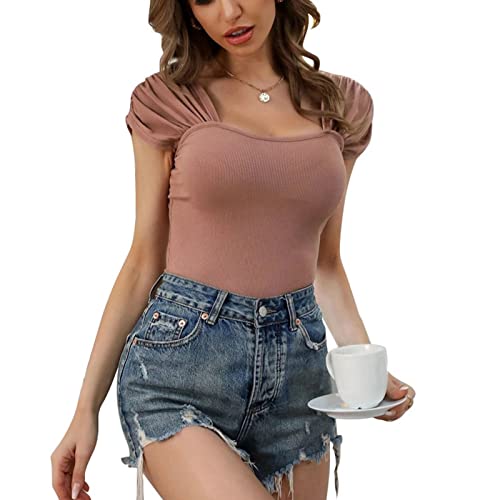 Damen Crop Top T-Shirts Elegant Tops Rüschen Kurzarm Shirt Kurzarm T-Shirts (S) von Ausla