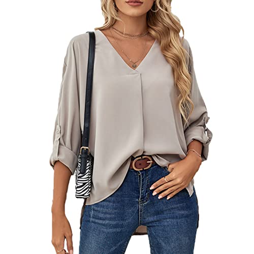 Damen Elegant Tunika Langarm V Ausschnitt Sexy Arbeit Oberteil Hemdbluse mit 3/4 Arm(L-Khaki) von Ausla