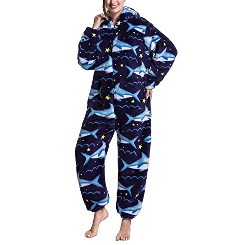 Damen Jumpsuit Schlafanzug mit Kapuze Lange Ärmel Cartoon Muster Hausanzug Schlafoverall Einteiler Lang Schlafoverall (L-Geben Sie 5 EIN) von Ausla