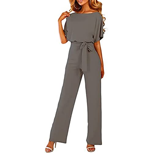 Damen Kurzarm Lang Jumpsuit Langarm O Ausschnitt Elegant Lang Jumpsuit Hoch Taillierter Overall Hosenanzug Playsuit (L-LC64520 Grau) von Ausla