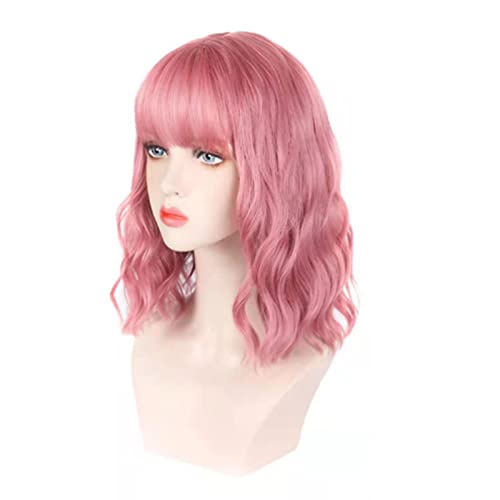 Damen Kurze Perücke mit Vollem Kopf Set Stil Kleine Welle Lockiges Haar Frisur Air Bangs Simulation Echthaar Perücken Sets (Hell-Pink) von Ausla