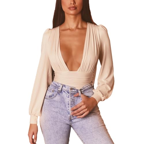 Damen Langarm Body Tiefer V Ausschnitt Sexy Langarm Jumpsuit Bodysuit Stringbody(L-Khaki) von Ausla