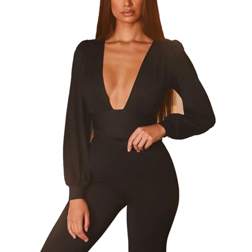 Damen Langarm Body Tiefer V Ausschnitt Sexy Langarm Jumpsuit Bodysuit Stringbody(L-Schwarz) von Ausla