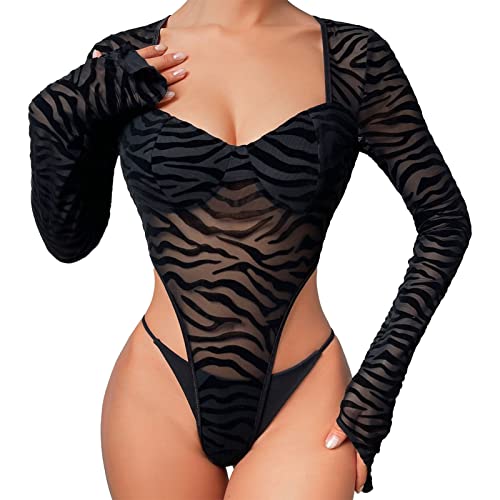 Damen Langarm Body Tiefer V Ausschnitt Zebrastruktur Sexy Perspektivengase Langarm Jumpsuit Bodysuit Stringbody (Schwarz) von Ausla