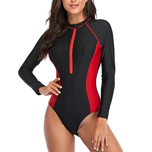 Damen Langarm Einteilige Badeanzug Frontreißverschluss Badeanzug Slim Fit Strandmode Push-up Schwimmanzug(S-rot) von Ausla