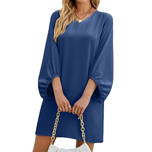 Damen Langarm Lose Kleid Puffärmel Tunika Mini Kleider Strand Elegant Casual A-Linie Kleid (L-Navy blau) von Ausla