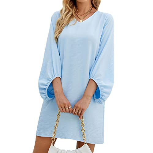 Damen Langarm Lose Kleid Puffärmel Tunika Mini Kleider Strand Elegant Casual A-Linie Kleid (S-Hellblau) von Ausla