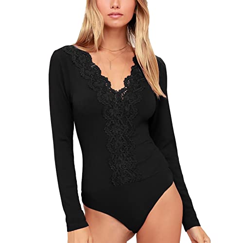 Damen Langarm Spitze Tiefer V Ausschnitt Sexy Jumpsuit Bodysuit Stringbody Feinstricken Top Blusenbody (L) von Ausla