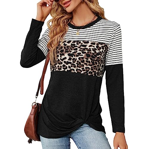 Damen Langarm-T-Shirt, Gestreift, Leopardenmuster, Oberteil, Rundhalsausschnitt, Twist-Knoten-Bluse, Lässig, Bequem (XXL) von Ausla