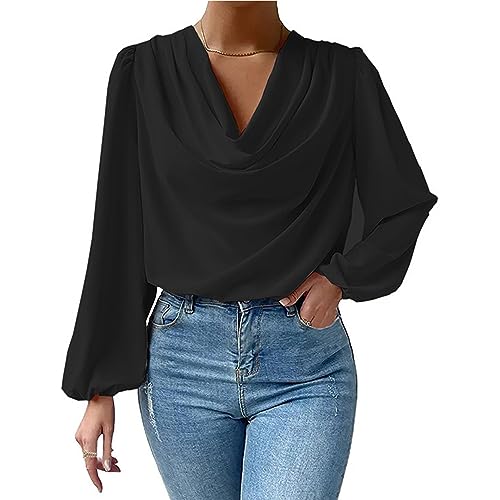 Damen Oberteile Wasserfallausschnitt Pullover mit Puffärmeln Tunika Shirts Elegant Bluse (3XL) von Ausla