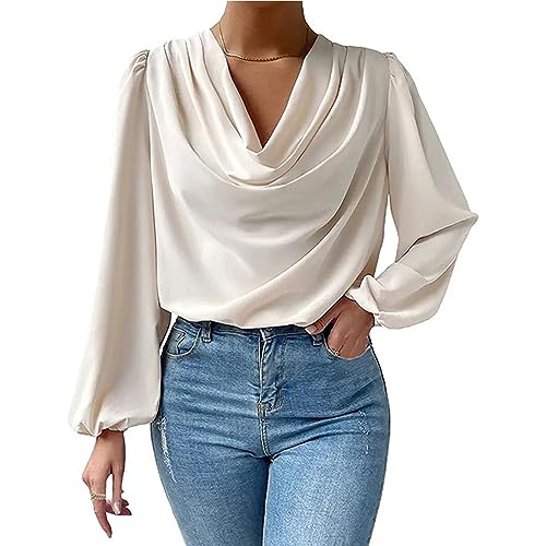 Damen Oberteile Wasserfallausschnitt Pullover mit Puffärmeln Tunika Shirts Elegant Bluse (XL) von Ausla