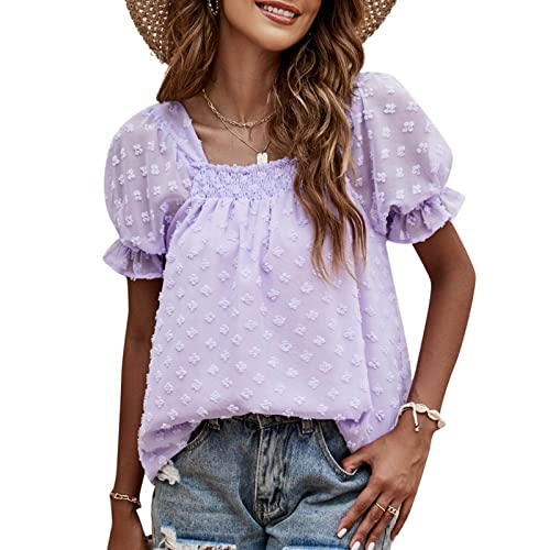 Damen PuffÄrmel Sommer Blusen Tops Spitzen Swiss Dot Kurzarm Oberteile Square Neck Pom Pom T Shirts(S) von Ausla