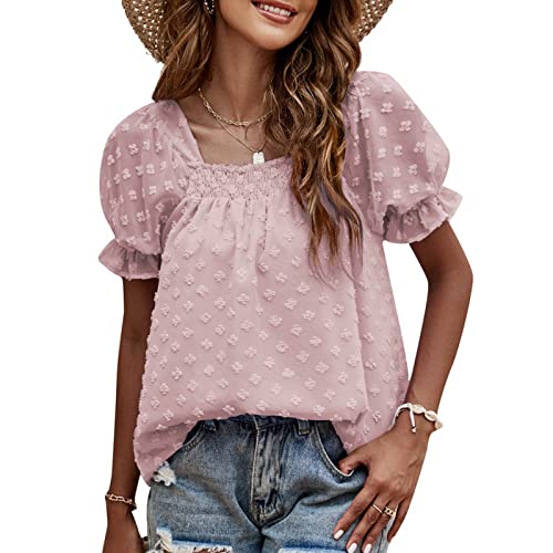 Damen PuffÄrmel Sommer Blusen Tops Spitzen Swiss Dot Kurzarm Oberteile Square Neck Pom Pom T Shirts(L) von Ausla