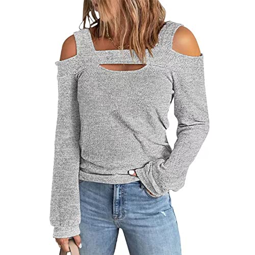 Damen Pullover Herbst Oberteile Sexy Langarm Shirt Schulterfrei Tunika Bluse Tops(L-Grau) von Ausla