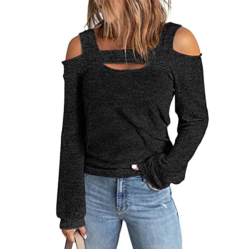 Damen Pullover Herbst Oberteile Sexy Langarm Shirt Schulterfrei Tunika Bluse Tops(L-Schwarz) von Ausla