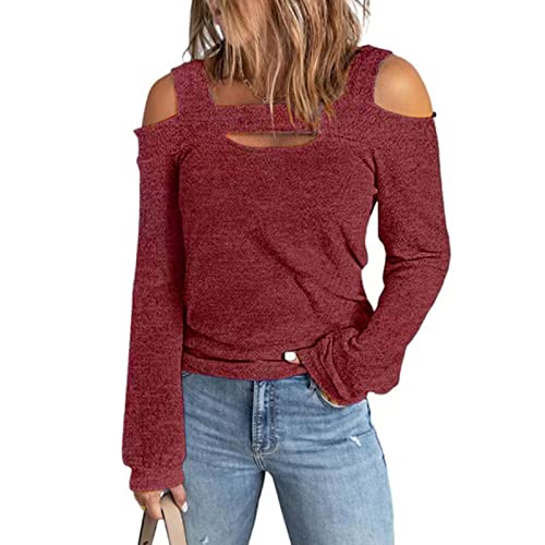 Damen Pullover Herbst Oberteile Sexy Langarm Shirt Schulterfrei Tunika Bluse Tops(M-rot) von Ausla