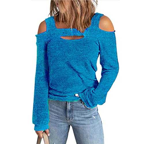 Damen Pullover Herbst Oberteile Sexy Langarm Shirt Schulterfrei Tunika Bluse Tops(S-Blau) von Ausla