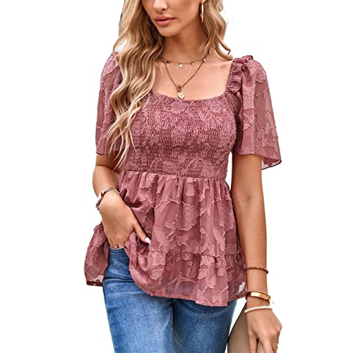 Damen Quadratische Ausschnitt Tops Casual Sommer Kurzarm Elegant Tunika Spitzen Oberteil (L) von Ausla