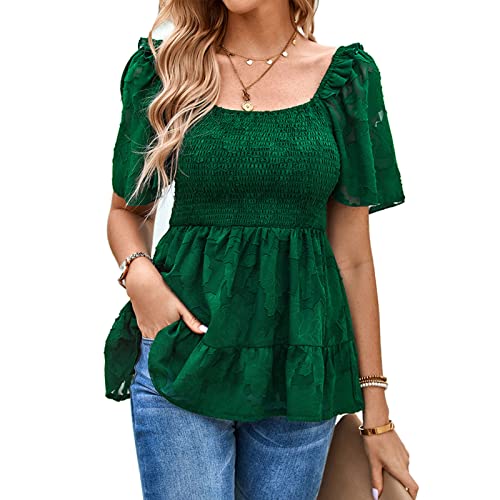 Damen Quadratische Ausschnitt Tops Casual Sommer Kurzarm Elegant Tunika Spitzen Oberteil (XL) von Ausla