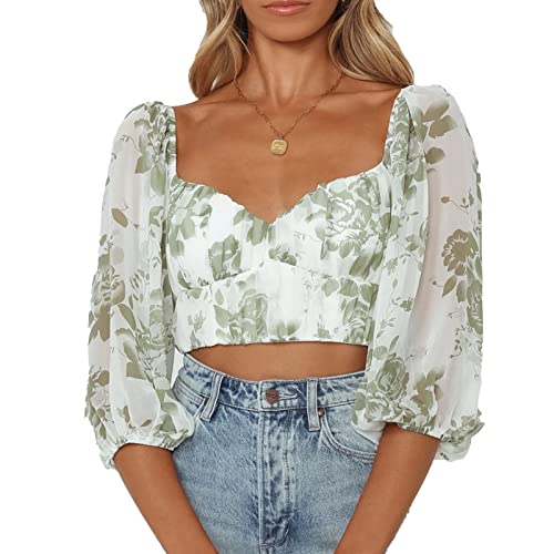 Damen Quadratischer Ausschnitt PuffÄrmel Cropped Tops Blumendruck Tunika Oberteil Sommer Basic Lässig Bluse (M) von Ausla