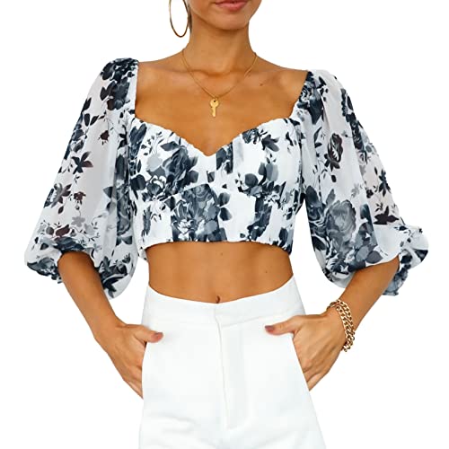 Damen Quadratischer Ausschnitt PuffÄrmel Cropped Tops Blumendruck Tunika Oberteil Sommer Basic Lässig Bluse (S) von Ausla