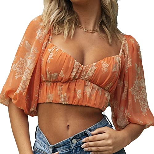 Damen Quadratischer Ausschnitt PuffÄrmel Cropped Tops Blumendruck Tunika Oberteil Sommer Basic Lässig Bluse (L) von Ausla