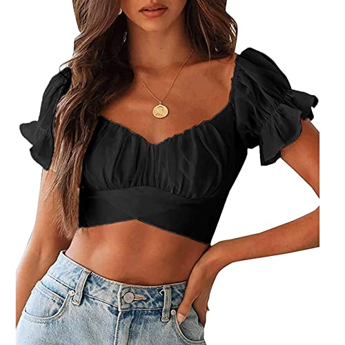 Damen Rüschen Crop Top Elegantes Einfarbiges Schulterfreies Shirt Plissee Sexy Kurze Ärmel Binden Zurück(M-Schwarz) von Ausla