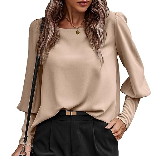 Damen Rundhals Blusenshirt Basic Freizeit Lose Puffhülle Business Casual Style Langarmshirt mit Zurück-Taste (L) von Ausla