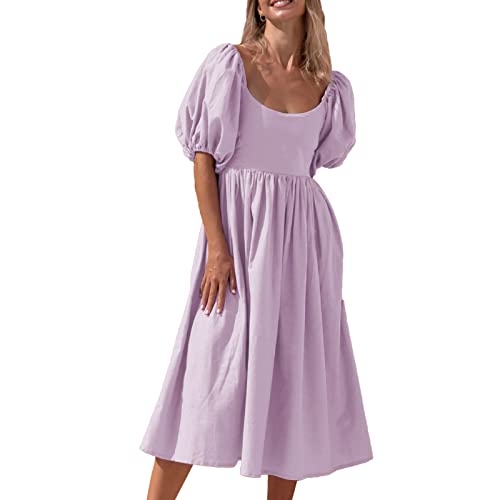 Damen Rundhals Langes A-Line-Kleid Laternen ärmel mit Hemd Rücken Frei Kleider mit Hoher Taille Sommerkleid (S) von Ausla