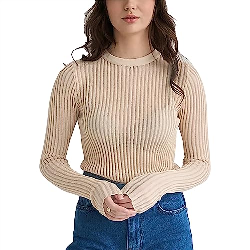 Damen Rundhals Sweatshirts Feinstrick Durchsichtige Ausgehöhlt Langarm Basic Tunika Strickpullover Bodycon Slim Fit Oberteil (S) von Ausla