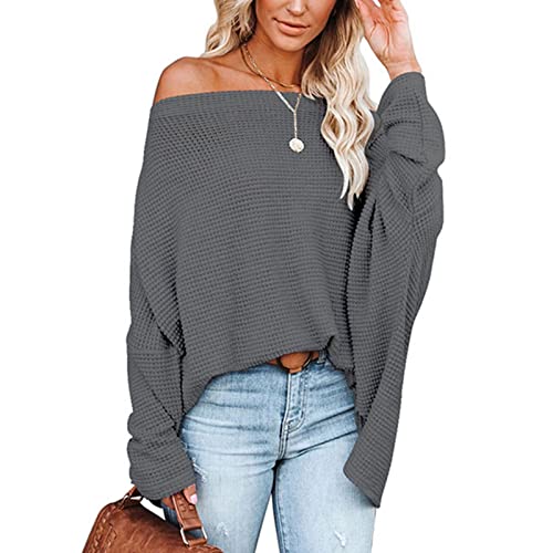 Damen Schulterfrei Waffelstrick Fledermaus Langarm Oversize Lässige Asymmetrisch Jumper Tops Shirt (L-Rosa) von Ausla