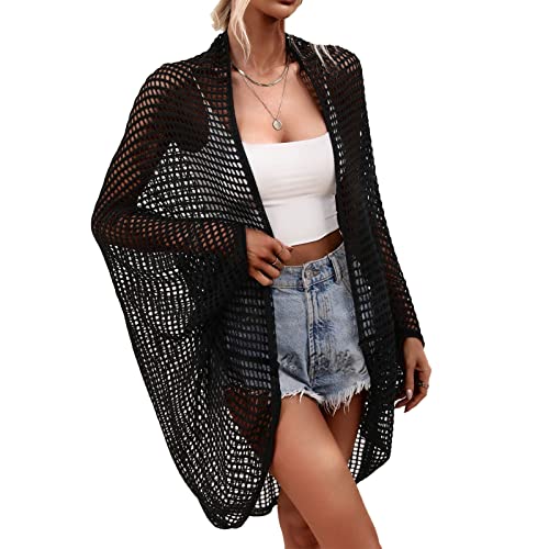 Damen-Schwimmen-Cover-Up mit Offener Vorderseite, Aushöhlen, Transparenter, Gestrickter, Lockerer, Langärmliger Bikini-Cardigan (S) von Ausla