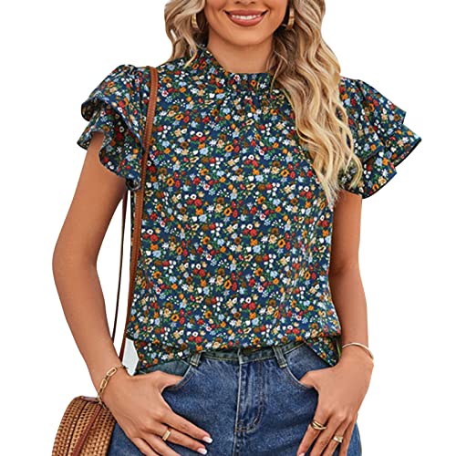 Damen Sommer Boho Floral Rüschen Kurzarm Bluse Rüschenbesatz Stehkragen Lässige T-Shirts (XL) von Ausla