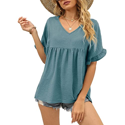 Damen Sommer Casual Tshirt V Ausschnitt Elegant Oberteile Rüschen Bluse Top Damen Kurzarm Lose T-Shirts(L-Blau) von Ausla