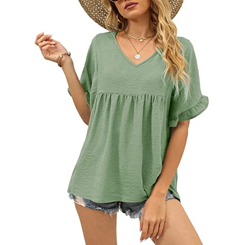 Damen Sommer Casual Tshirt V Ausschnitt Elegant Oberteile Rüschen Bluse Top Damen Kurzarm Lose T-Shirts(L-Grün) von Ausla