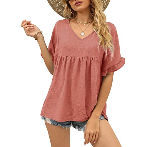 Damen Sommer Casual Tshirt V Ausschnitt Elegant Oberteile Rüschen Bluse Top Damen Kurzarm Lose T-Shirts(S-Rosa) von Ausla