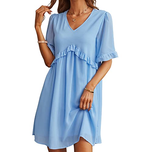 Damen Sommer Freizeitkleid Elegant Süßes V-Ausschnitt RüschenÄrmel Lockeres Flie?end Swing Mini Tunika Hemdkleid(XL-Hellblau) von Ausla