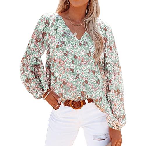 Damen Sommer Frühling Ärmel Chiffon Blumendruck Lange Flare Ärmel V-Ausschnitt Lässige Bluse Shirt Tops(2XL-Grün) von Ausla