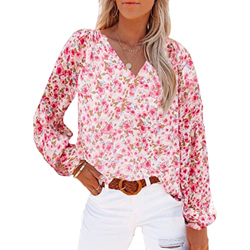 Damen Sommer Frühling Ärmel Chiffon Blumendruck Lange Flare Ärmel V-Ausschnitt Lässige Bluse Shirt Tops(2XL-Rosa) von Ausla