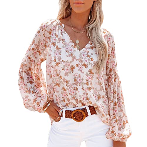 Damen Sommer Frühling Ärmel Chiffon Blumendruck Lange Flare Ärmel V-Ausschnitt Lässige Bluse Shirt Tops(2XL-Weiß) von Ausla