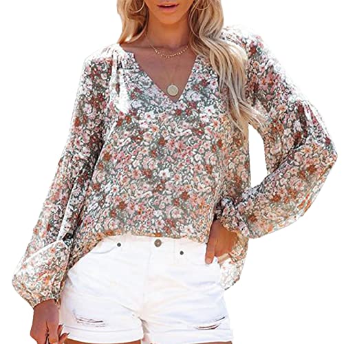 Damen Sommer Frühling Ärmel Chiffon Blumendruck Lange Flare Ärmel V-Ausschnitt Lässige Bluse Shirt Tops(3XL-Bunt) von Ausla