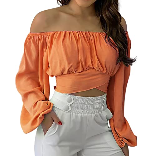 Damen Sommer Schulterfreie Crop Tops Rüschen Laterne Ärmel Krawatte Zurück Bluse Shirt(M-Orange) von Ausla