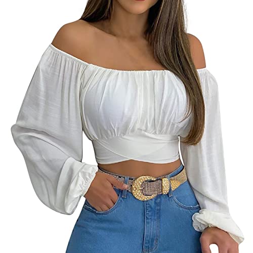 Damen Sommer Schulterfreie Crop Tops Rüschen Laterne Ärmel Krawatte Zurück Bluse Shirt(M-Weiß) von Ausla