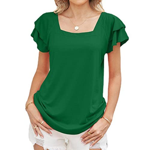 Damen Sommer Square Neck Rüschen Kurzarm Reine Farbe Loose Fit Tunika T Shirt (L) von Ausla