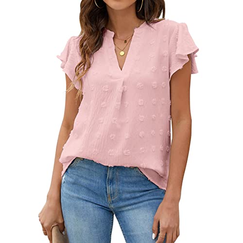 Damen-Sommer-leichte, atmungsaktive Chiffon-Bluse, schicke und Elegante Kurzarm-Rüschen mit V-Ausschnitt, schicke Polka Dot-Shirts(XXL-Rosa) von Ausla