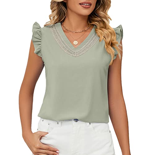 Damen Spitze V Ausschnitt Tunika Oberteil Rüschen Ärmellos Bluse Sommer Basic Lässig Tops (L) von Ausla