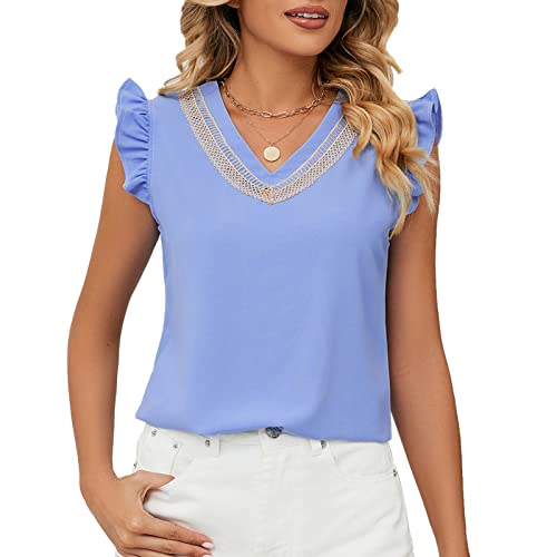 Damen Spitze V Ausschnitt Tunika Oberteil Rüschen Ärmellos Bluse Sommer Basic Lässig Tops (L) von Ausla