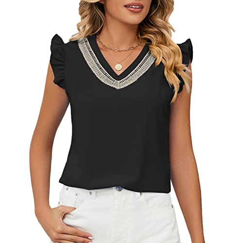 Damen Spitze V Ausschnitt Tunika Oberteil Rüschen Ärmellos Bluse Sommer Basic Lässig Tops (L) von Ausla