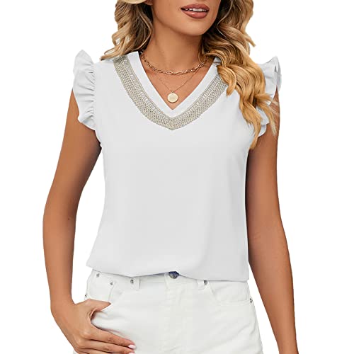 Damen Spitze V Ausschnitt Tunika Oberteil Rüschen Ärmellos Bluse Sommer Basic Lässig Tops (L) von Ausla