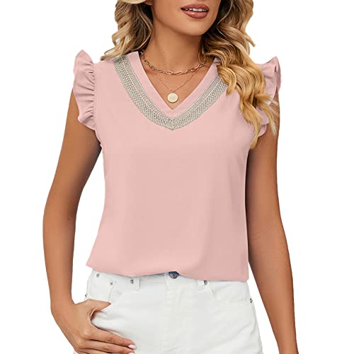 Damen Spitze V Ausschnitt Tunika Oberteil Rüschen Ärmellos Bluse Sommer Basic Lässig Tops (M) von Ausla